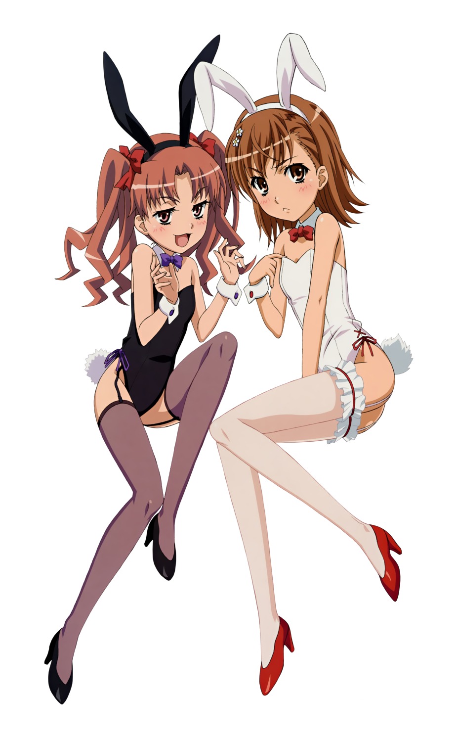animal_ears, bunny_ears, bunny_girl, garter, misaka_mikoto, shinohara_kenji, shirai_kuroko, stockings