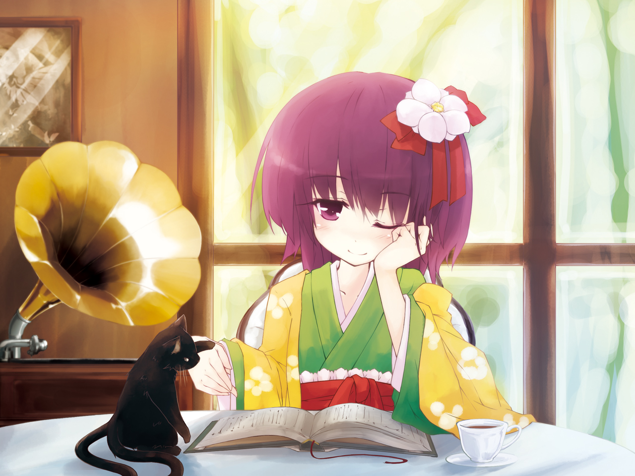 hieda_no_akyuu, kimono, neko, touhou, wallpaper, yukitaro