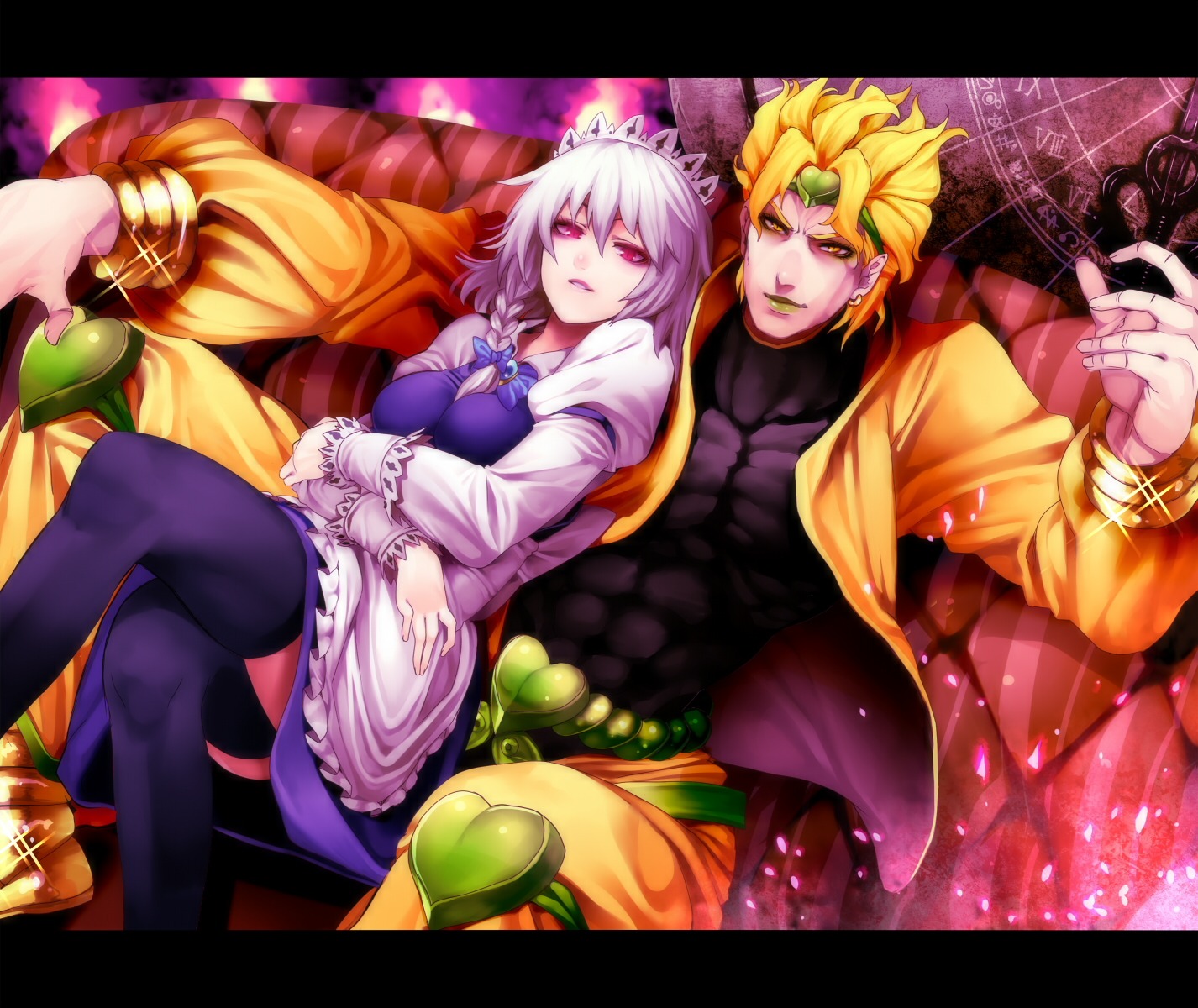 crossover, dio_brando, izayoi_sakuya, jojo_no_kimyou_na_bouken, jojo_no_kimyou_na_bouken_part_3:_stardust_crusaders, rby, thighhighs, touhou