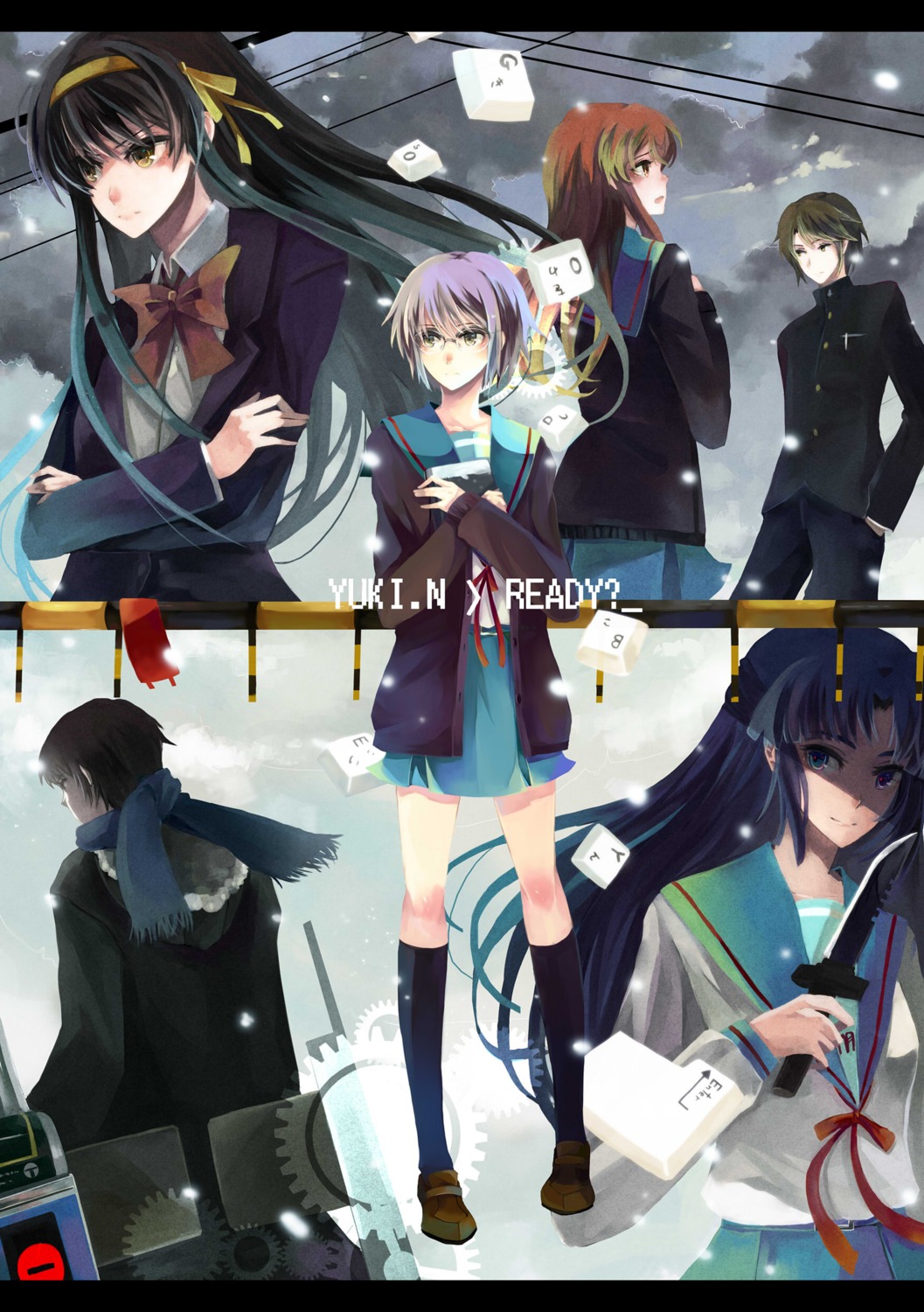 asahina_mikuru, asakura_ryouko, koizumi_itsuki, kyon, megane, nagato_yuki, nonrain, seifuku