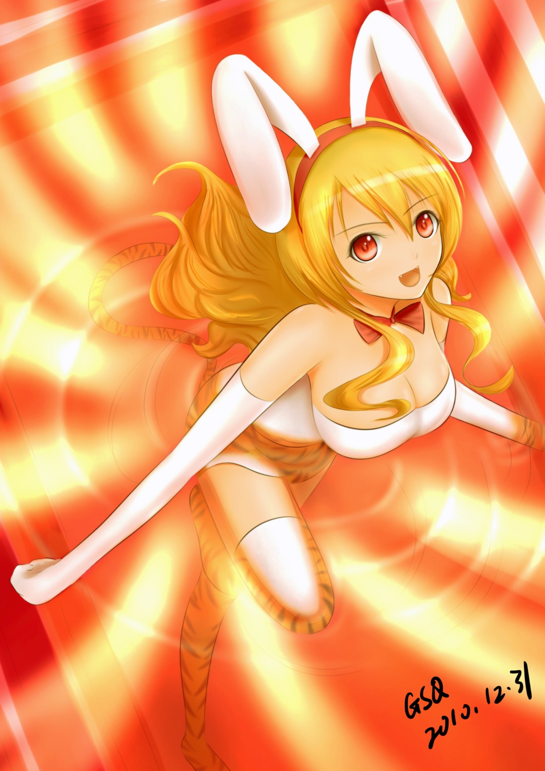 animal_ears, bunny_ears, cleavage, guogreen, tail, thighhighs