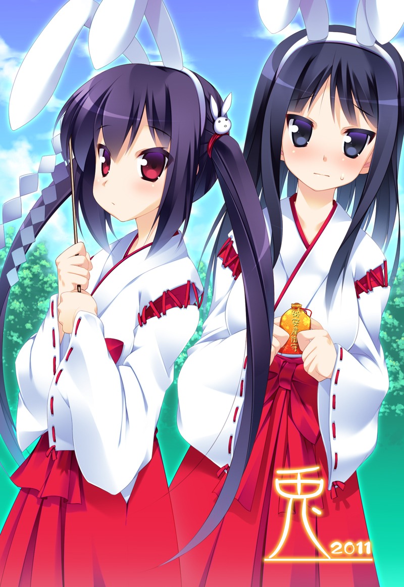 akiyama_mio, animal_ears, bunny_ears, hoppege, k-on!, miko, nakano_azusa
