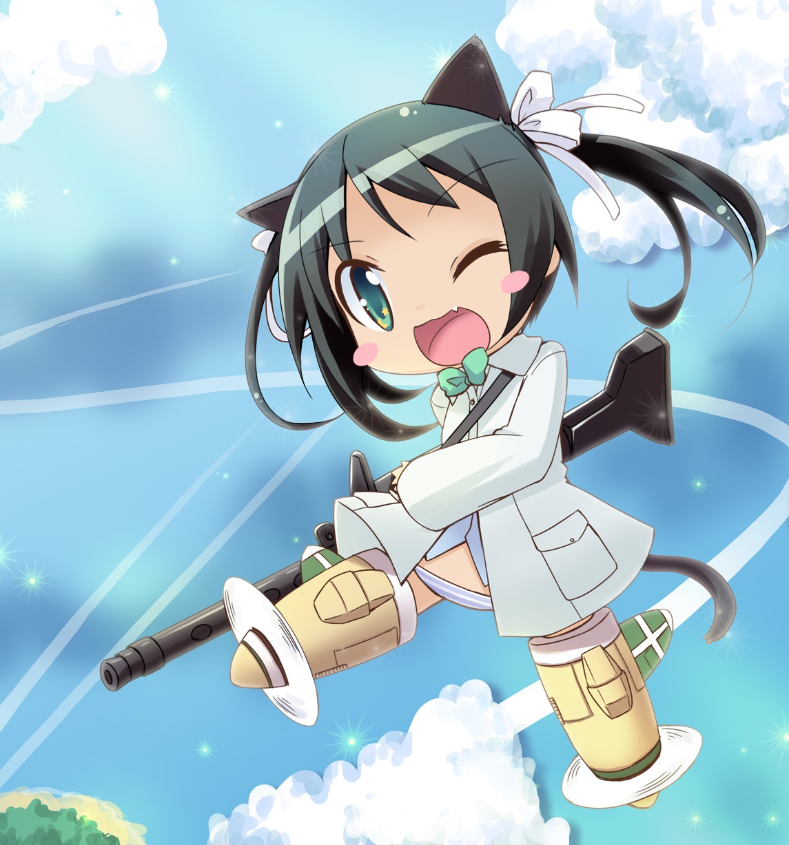 animal_ears, chibi, francesca_lucchini, hirose_madoka, nekomimi, pantsu, shimapan, strike_witches
