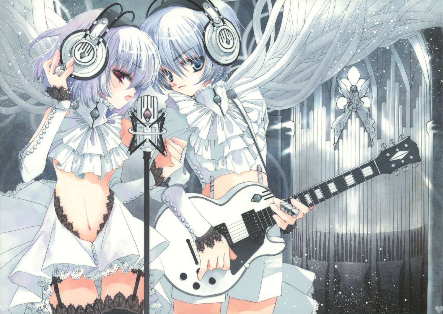 garter_belt, guitar, hato_no_tamago, headphones, rami, stockings, thighhighs