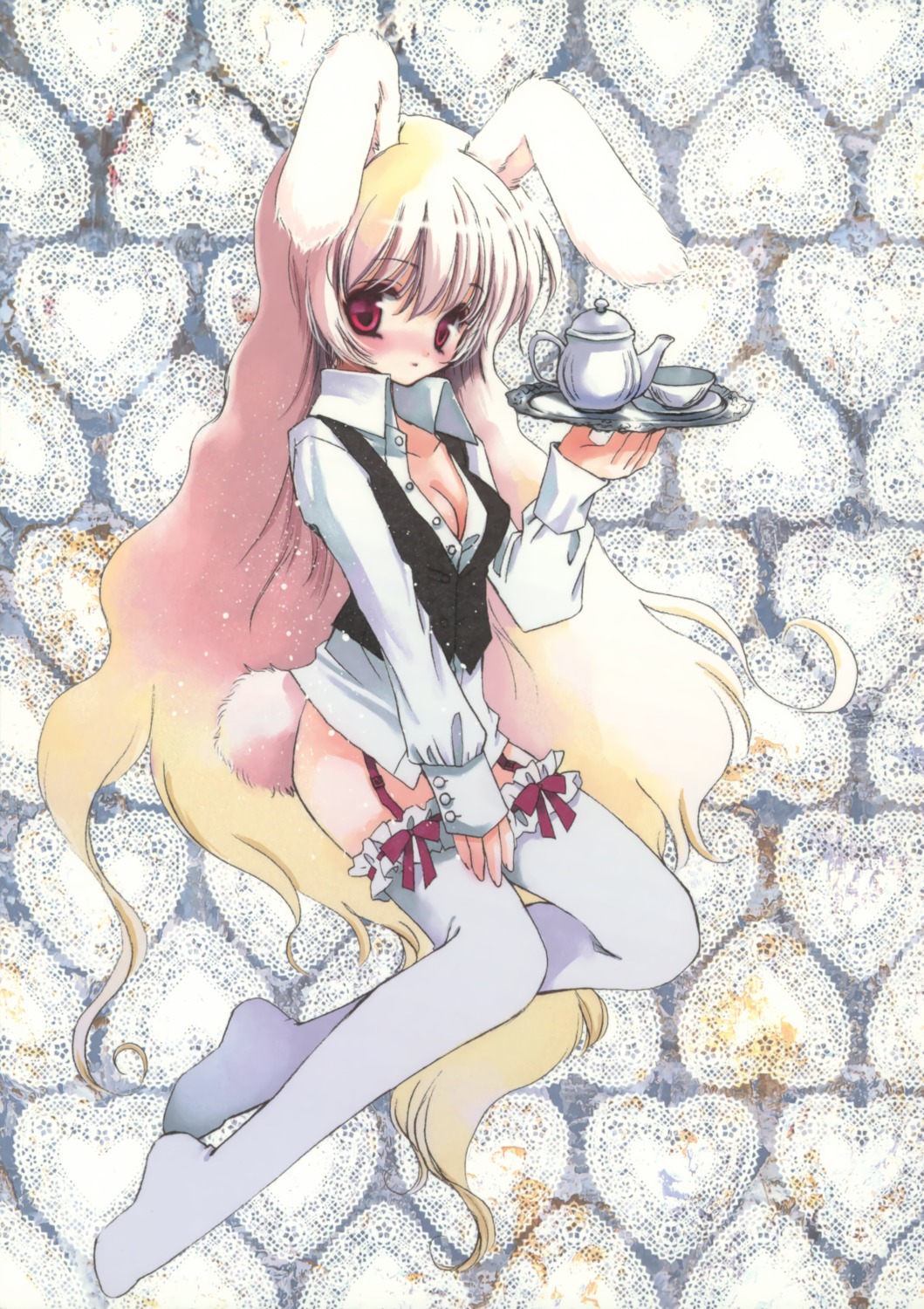animal_ears, bunny_ears, cleavage, hato_no_tamago, rami, stockings, thighhighs, waitress