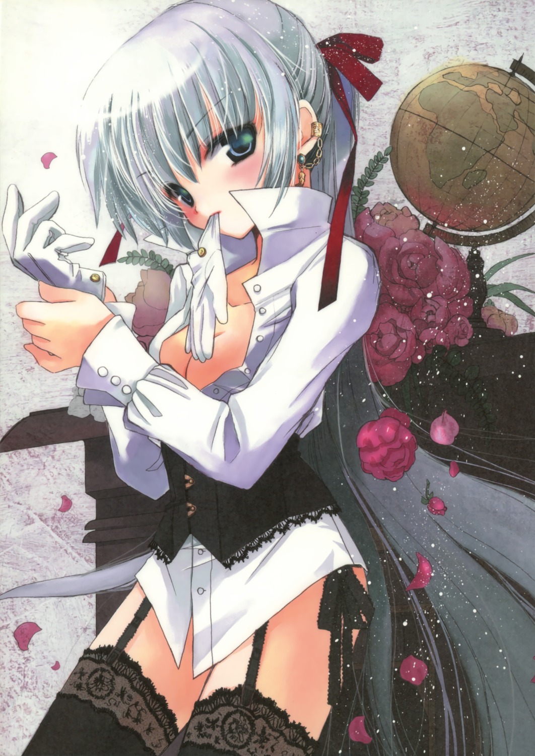 cleavage, hato_no_tamago, open_shirt, rami, stockings, thighhighs