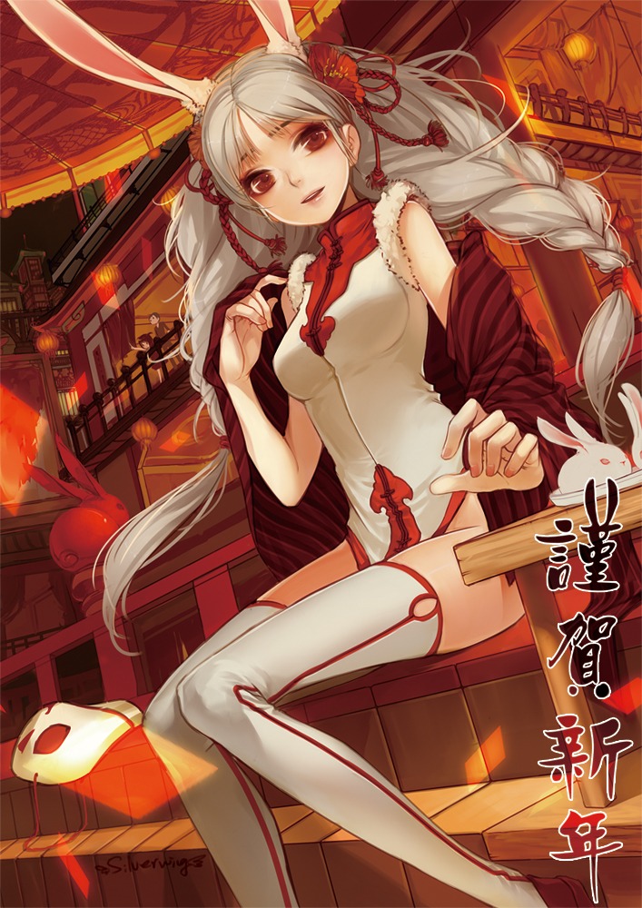 animal_ears, bunny_ears, chinadress, silverwing, thighhighs