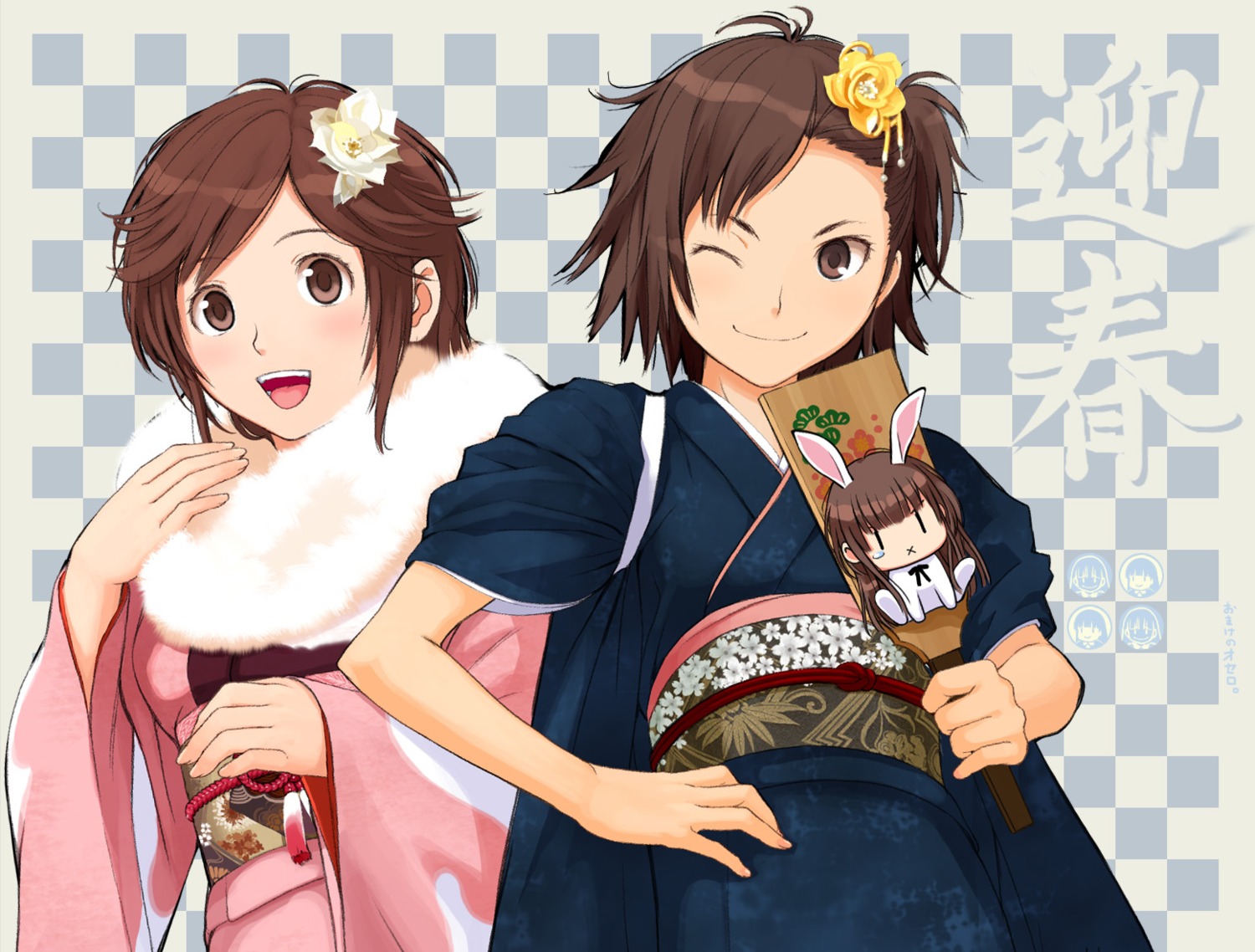 amagami, animal_ears, bunny_ears, itou_kanae, jpeg_artifacts, kamizaki_risa, kimono, sakurai_rihoko, takayama_kisai