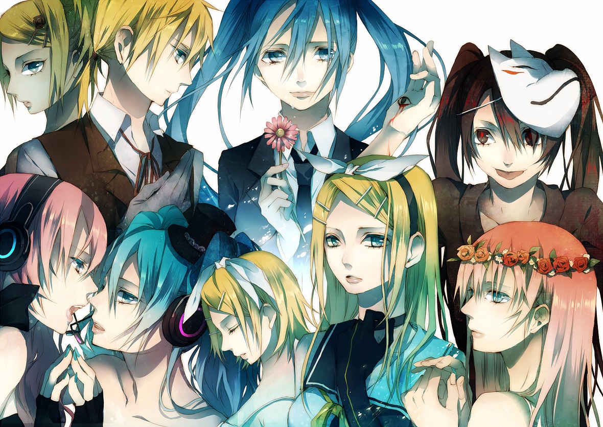 aku_no_meshitsukai_(vocaloid), hatsune_miku, headphones, just_be_friends_(vocaloid), kagamine_len, kagamine_rin, magnet_(vocaloid), megurine_luka