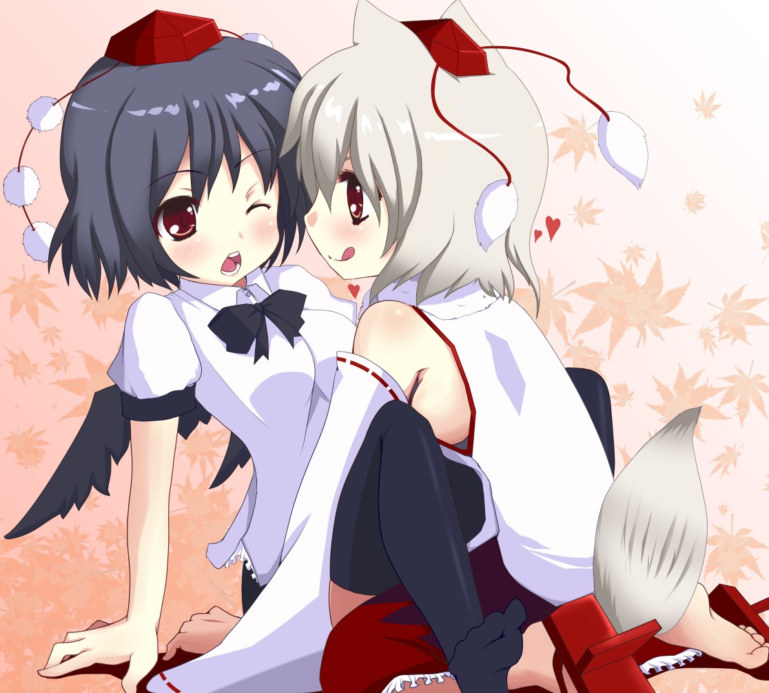 animal_ears, inubashiri_momiji, kuronekogata, shameimaru_aya, tail, touhou, wings, yuri