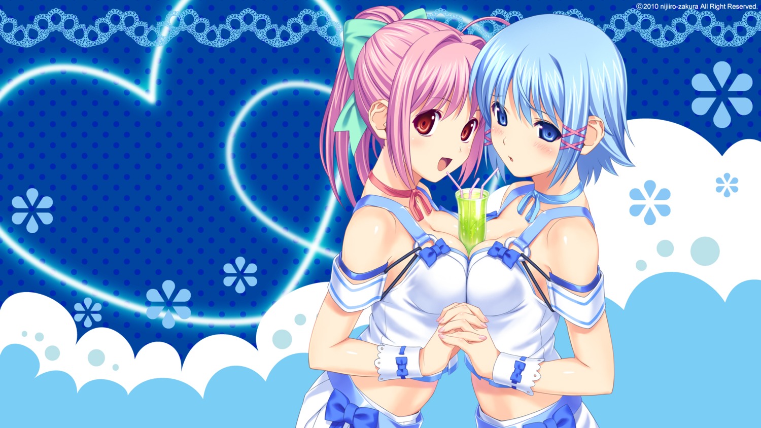 cleavage, himuro_rikka, hinata_hanabi, koutaro, symmetrical_docking, tropical_kiss, twinkle, waitress, wallpaper