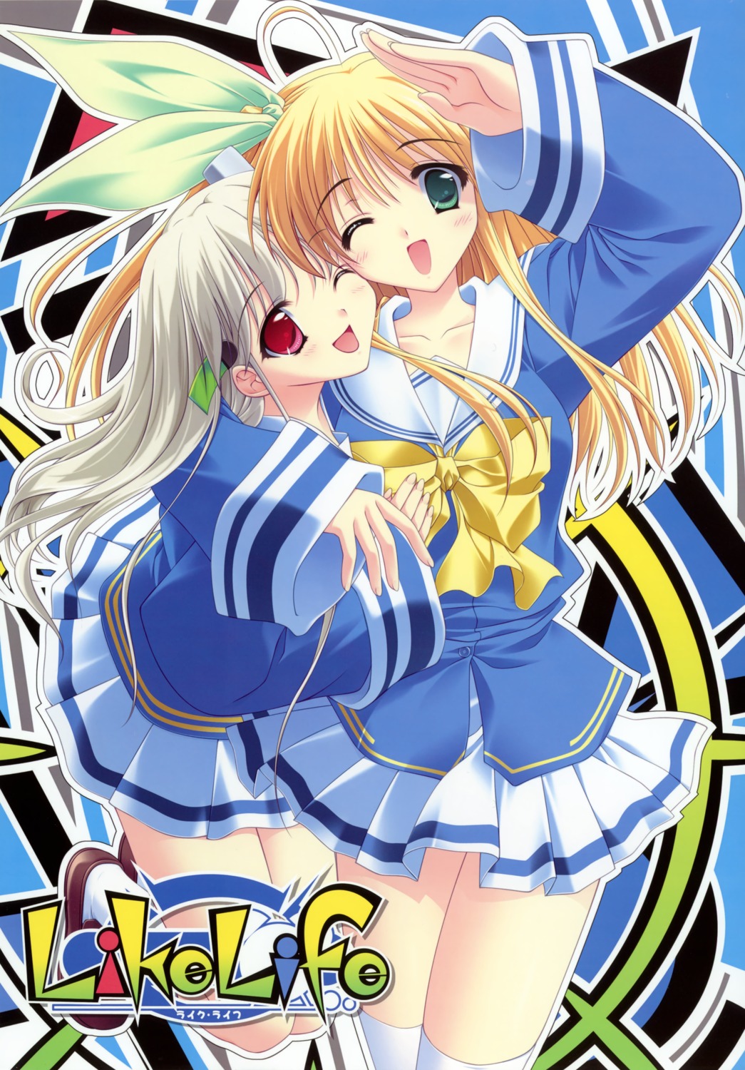 hook, kousaka_himeko, like_life, matsushita_makako, miyasato_yumi, rakko_(maka-rakko), seifuku, thighhighs