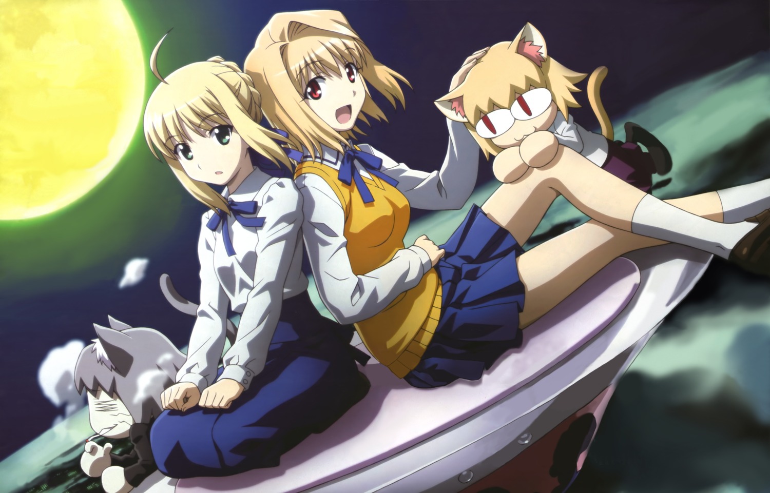 animal_ears, arcueid_brunestud, artoria_pendragon_(fate), carnival_phantasm, detexted, fate/stay_night, morita_kazuaki, neko_arc, neko_chaos, nekomimi, tail, tsukihime