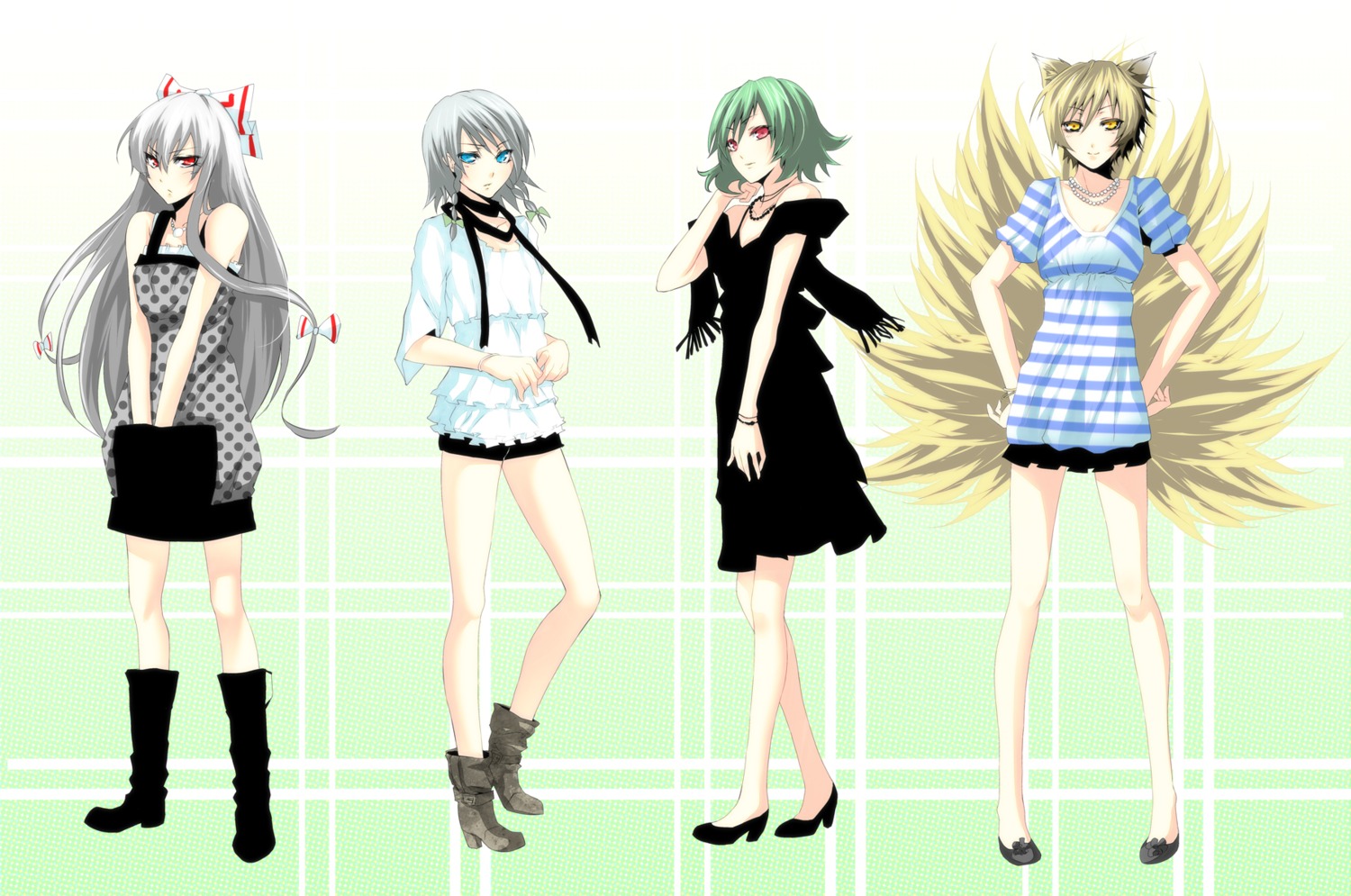 animal_ears, character_design, fujiwara_no_mokou, izayoi_sakuya, kazami_yuuka, su_tanri, tail, touhou