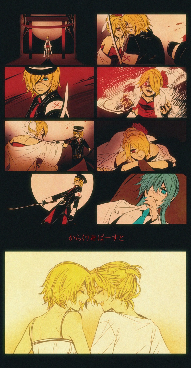 dress, eyepatch, hatsune_miku, kagamine_len, kagamine_rin, karakuri_卍_burst_(vocaloid), megane, sagula