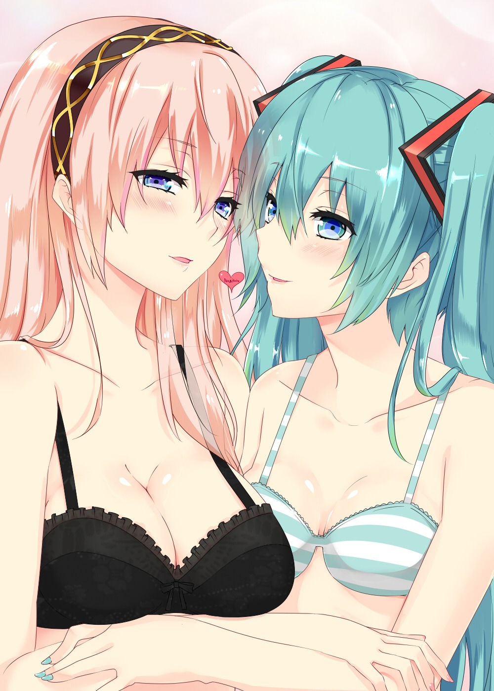 bra, cleavage, hatsune_miku, megurine_luka, nuko_(mikupantu), vocaloid