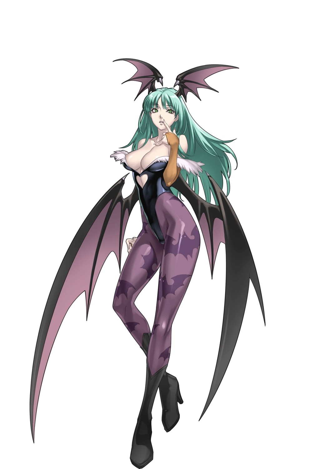 cleavage, cross_edge, dark_stalkers, leotard, morrigan_aensland, nakamura_tatsunori, pantyhose, wings