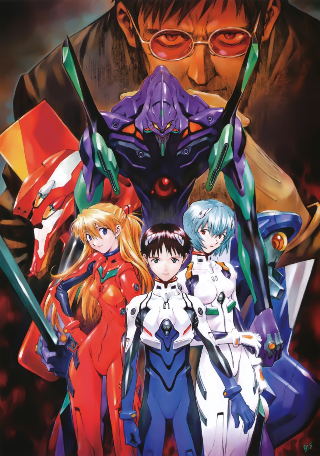 ayanami_rei, bodysuit, ikari_gendou, ikari_shinji, mecha, neon_genesis_evangelion, sadamoto_yoshiyuki, screening, souryuu_asuka_langley
