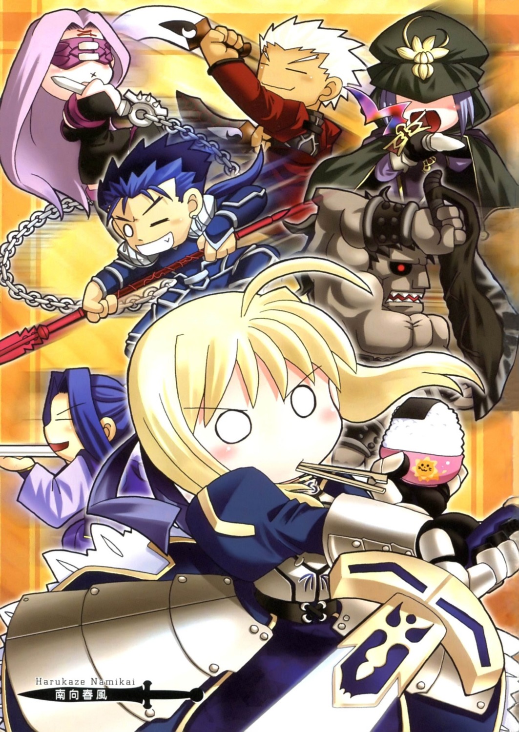 archer, artoria_pendragon_(fate), chibi, cu_chulainn_(fate), fate/stay_night, heracles_(fate), medea_(fate), medusa_(fate), namikai_harukaze, sasaki_kojirou_(fate), screening