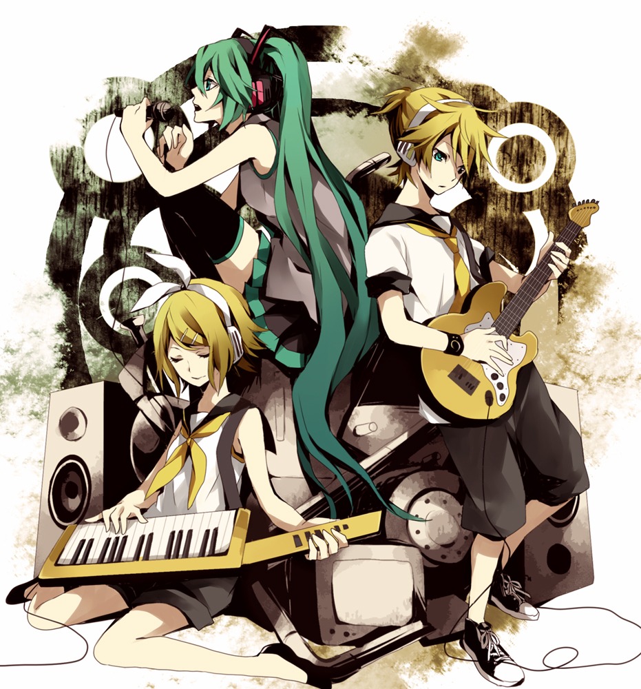guitar, hatsune_miku, kagamine_len, kagamine_rin, thighhighs, vocaloid, yuzuki_karu