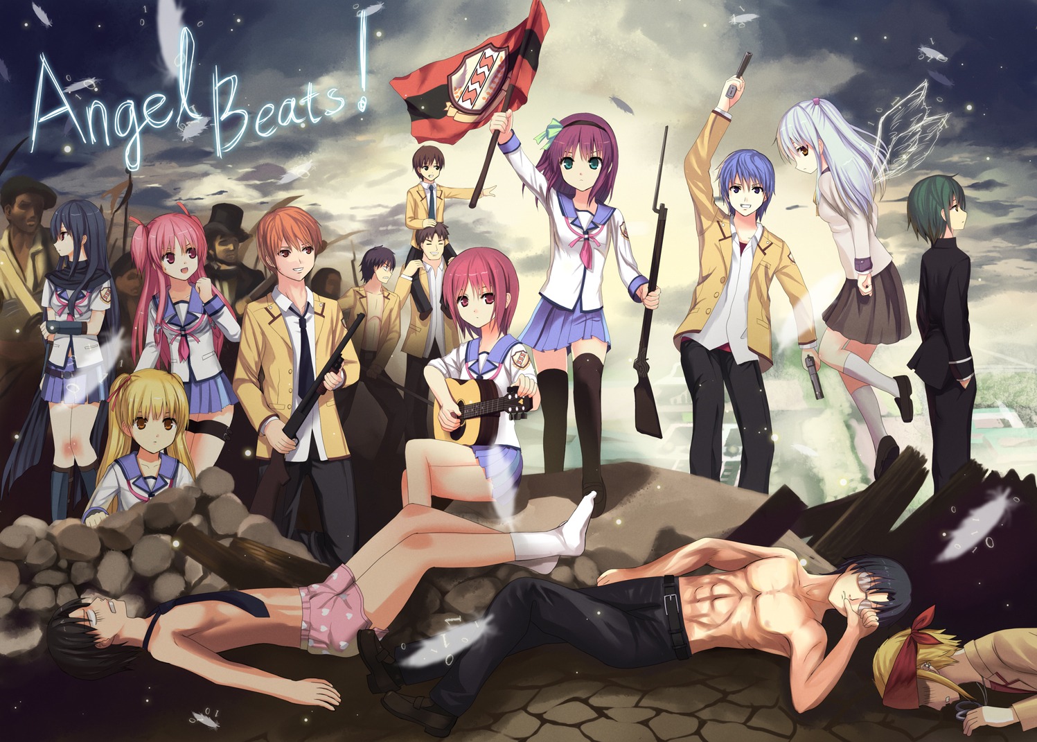 angel_beats!, guitar, gun, hinata_hideki, irie_miyuki, iwasawa_masami, koyama_tomosato, nakamura_yuri