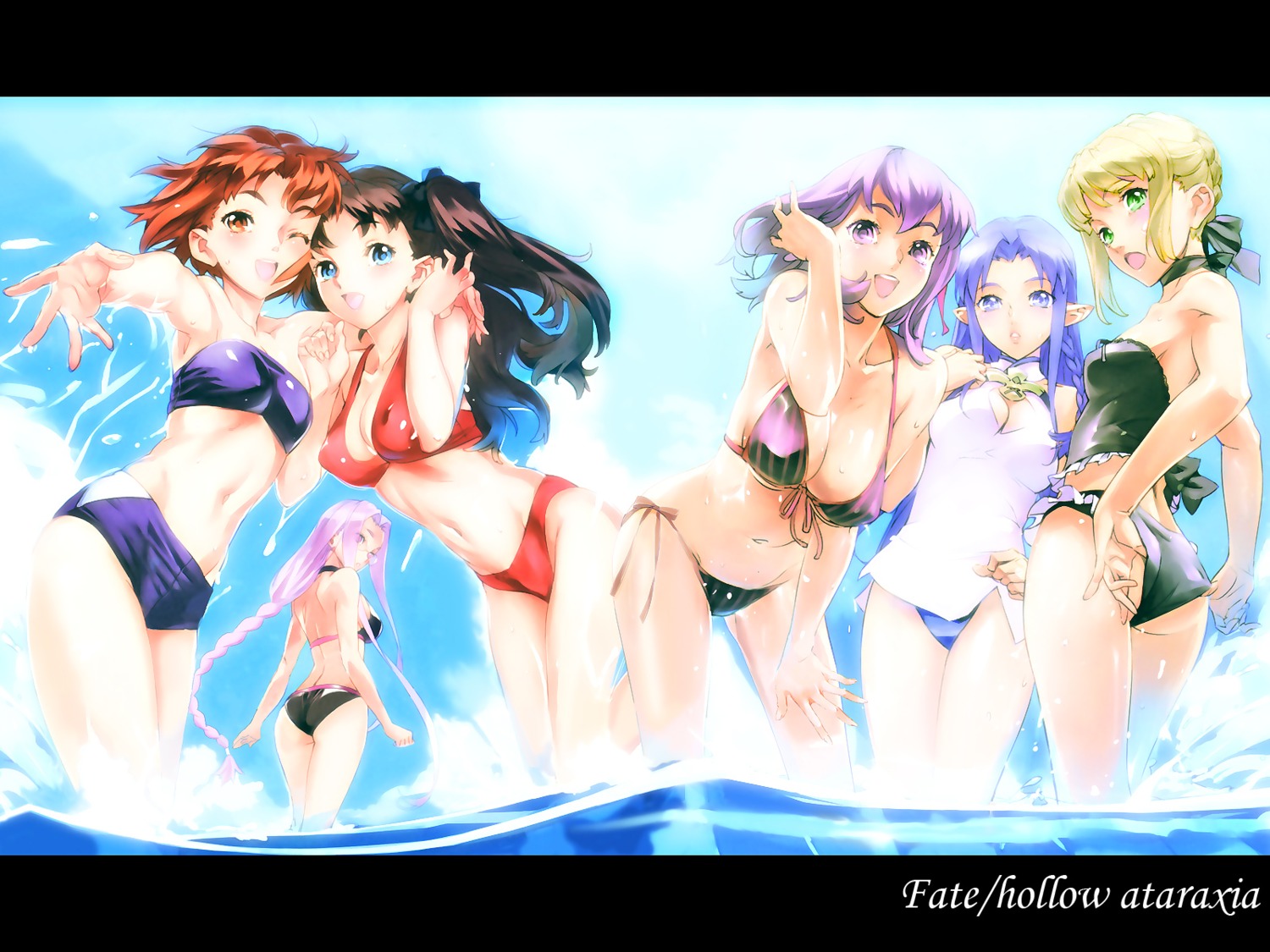 artoria_pendragon_(fate), bikini, elf, fate/hollow_ataraxia, fate/stay_night, matou_sakura, medea_(fate), medusa_(fate), mitsuzuri_ayako, nishieda, overfiltered, pointy_ears, swimsuits, toosaka_rin, wallpaper