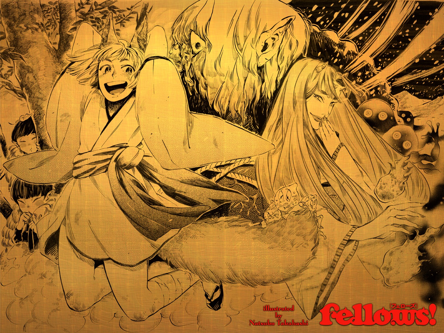 animal_ears, fellows!, horns, japanese_clothes, monochrome, tail, takahashi_natsuko, wallpaper