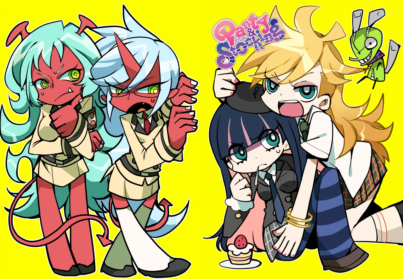 breast_hold, business_suit, chuck, devil, horns, kneesocks, megane, panty