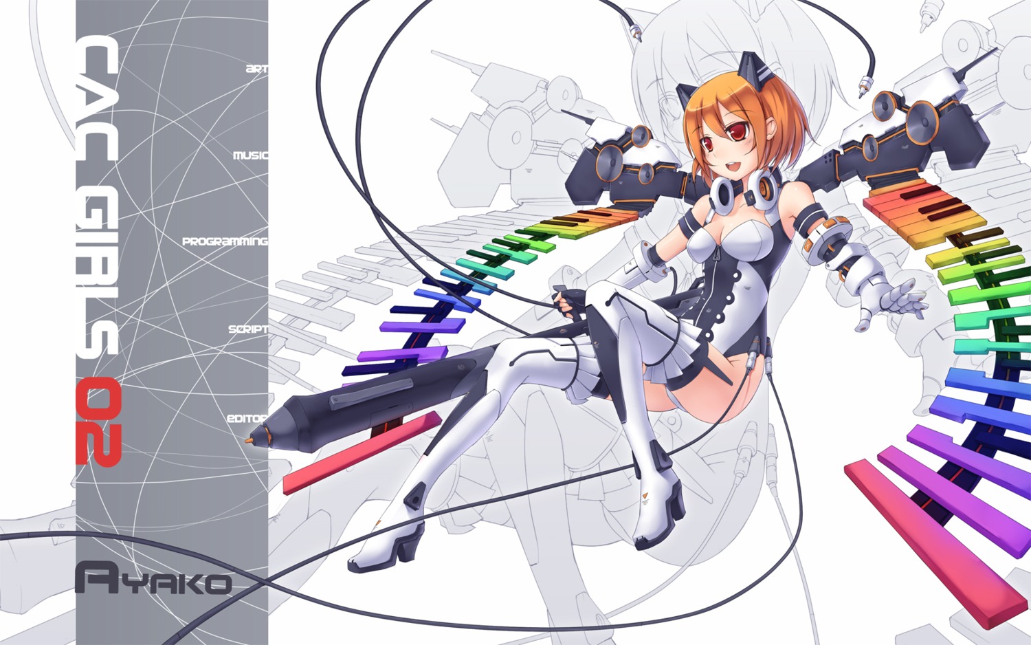 animal_ears, bodysuit, cleavage, mecha_musume, nekomimi, thighhighs, wallpaper, zenn