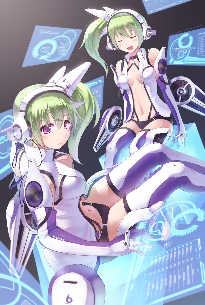 cleavage, headphones, mecha_musume, thighhighs, zenn