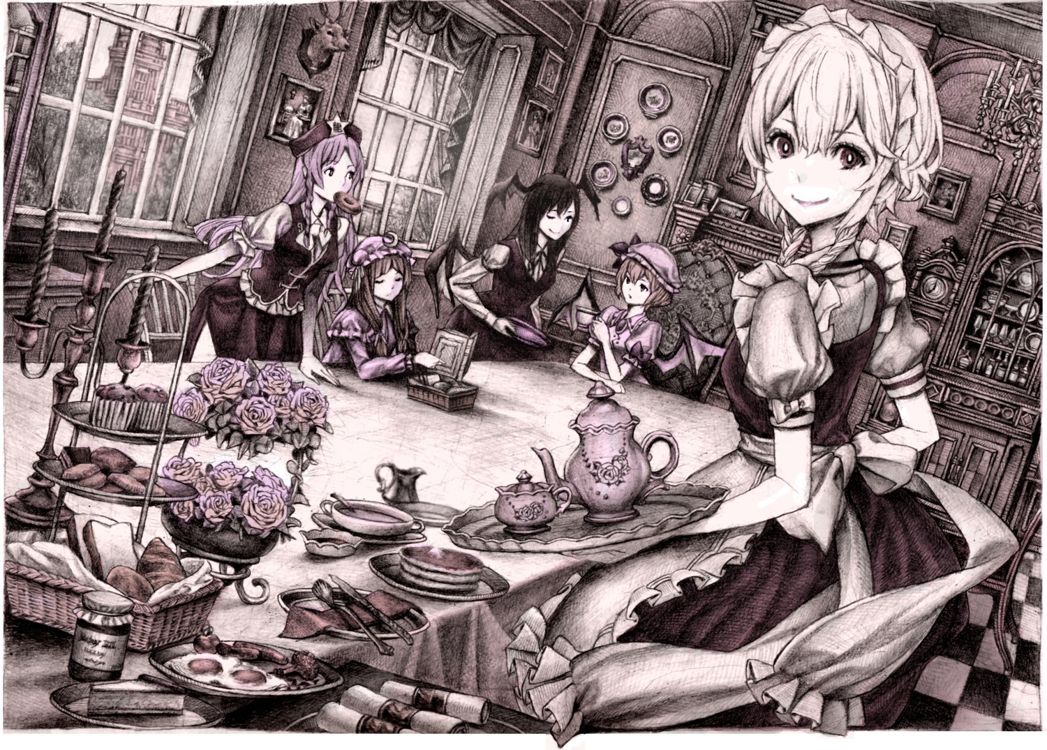 hong_meiling, izayoi_sakuya, koakuma, maid, monochrome, nobita, patchouli_knowledge, remilia_scarlet