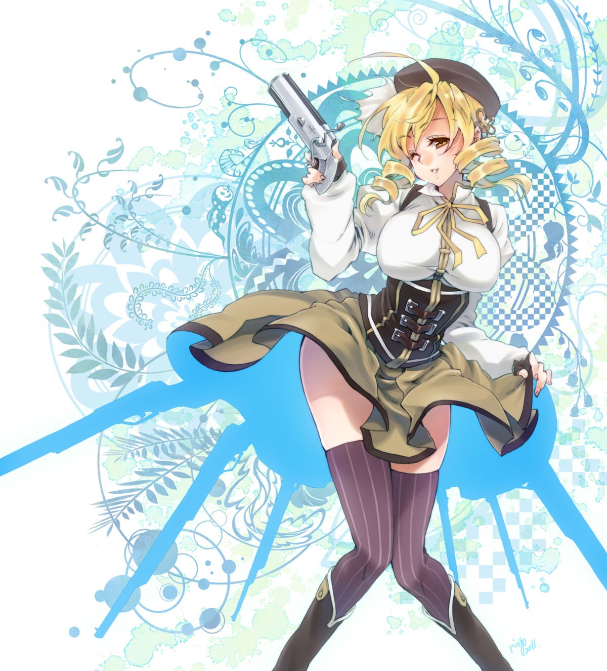gun, mahou_shoujo_madoka_magica, ringo78, thighhighs, tomoe_mami