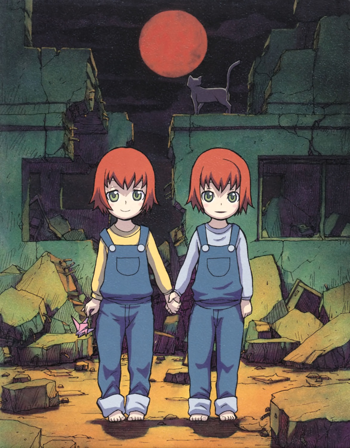 darker_than_black, iwahara_yuuji, neko, overalls, paper_texture, shion_pavlichenko, suou_pavlichenko