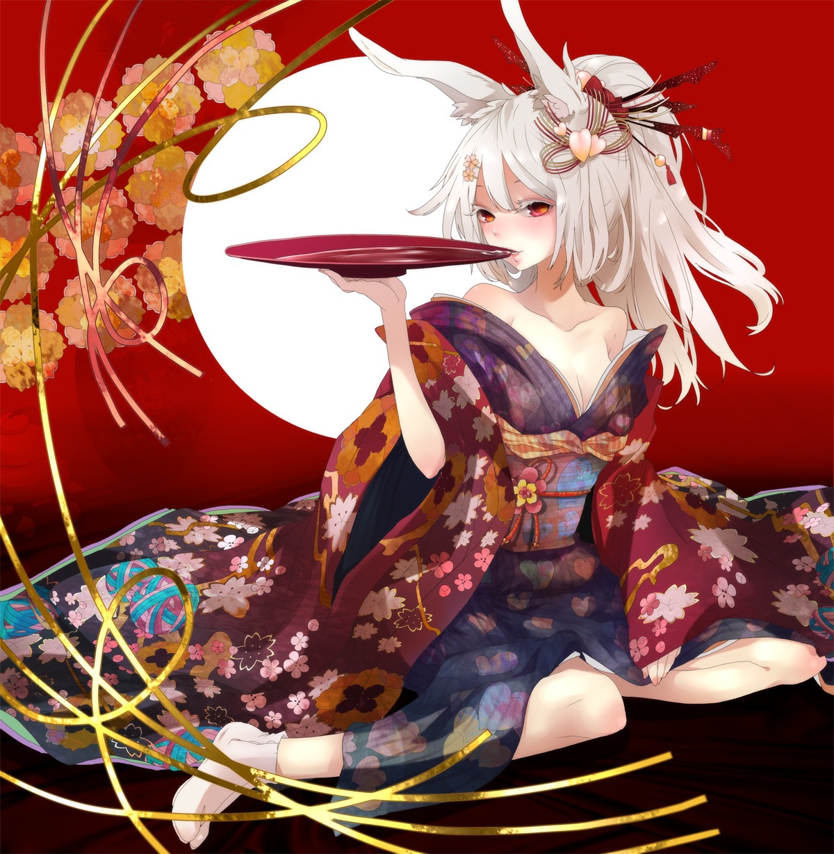 animal_ears, bunny_ears, cleavage, kimono, sake, zerokichi