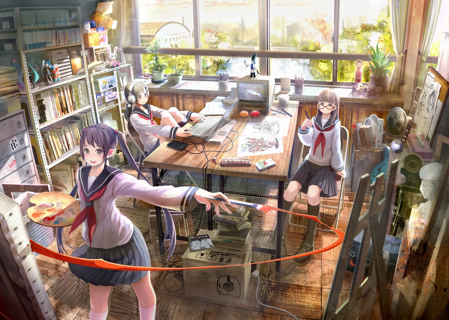 headphones, megane, seifuku, shirakaba