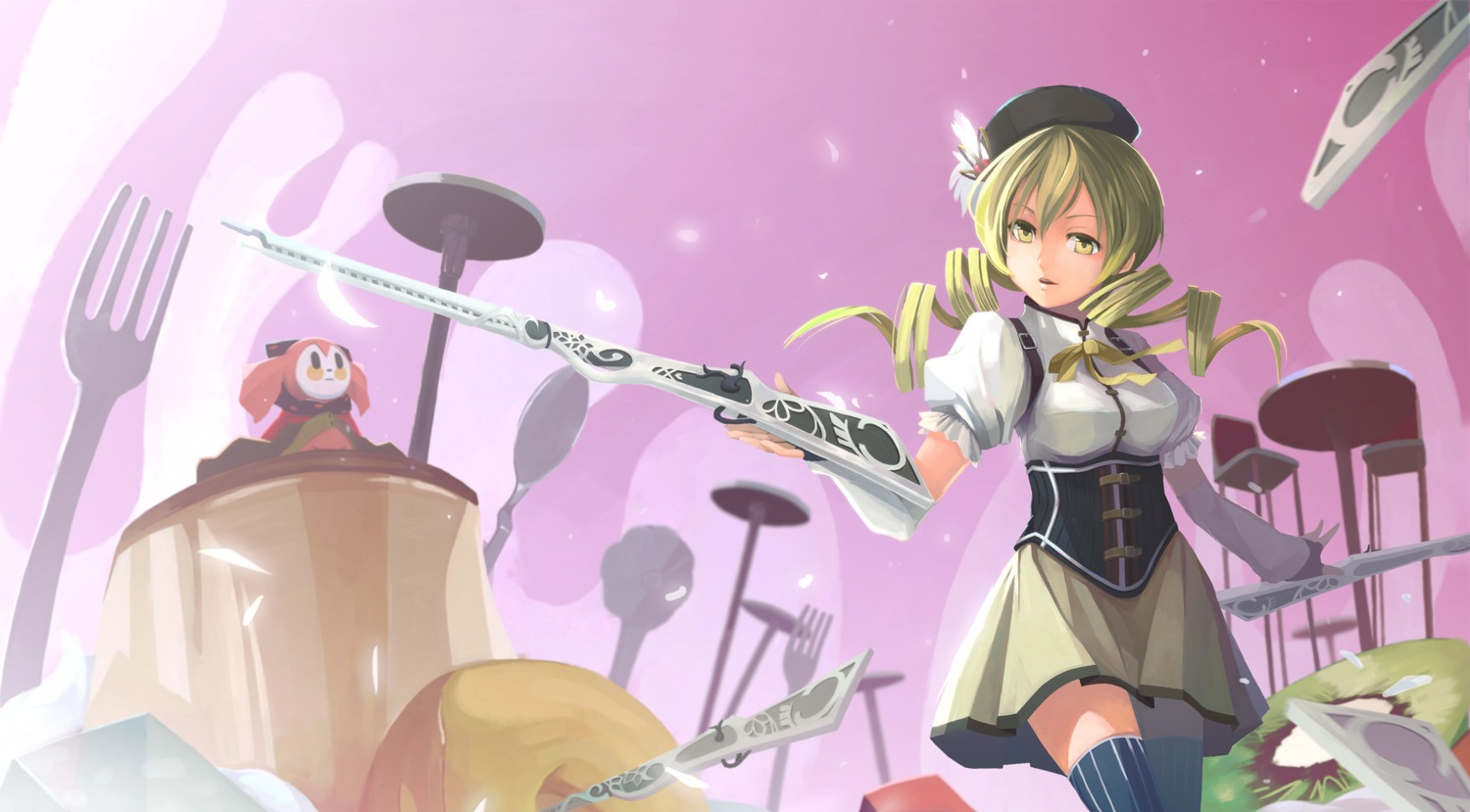 charlotte_(madomagi), elrowa, gun, mahou_shoujo_madoka_magica, thighhighs, tomoe_mami