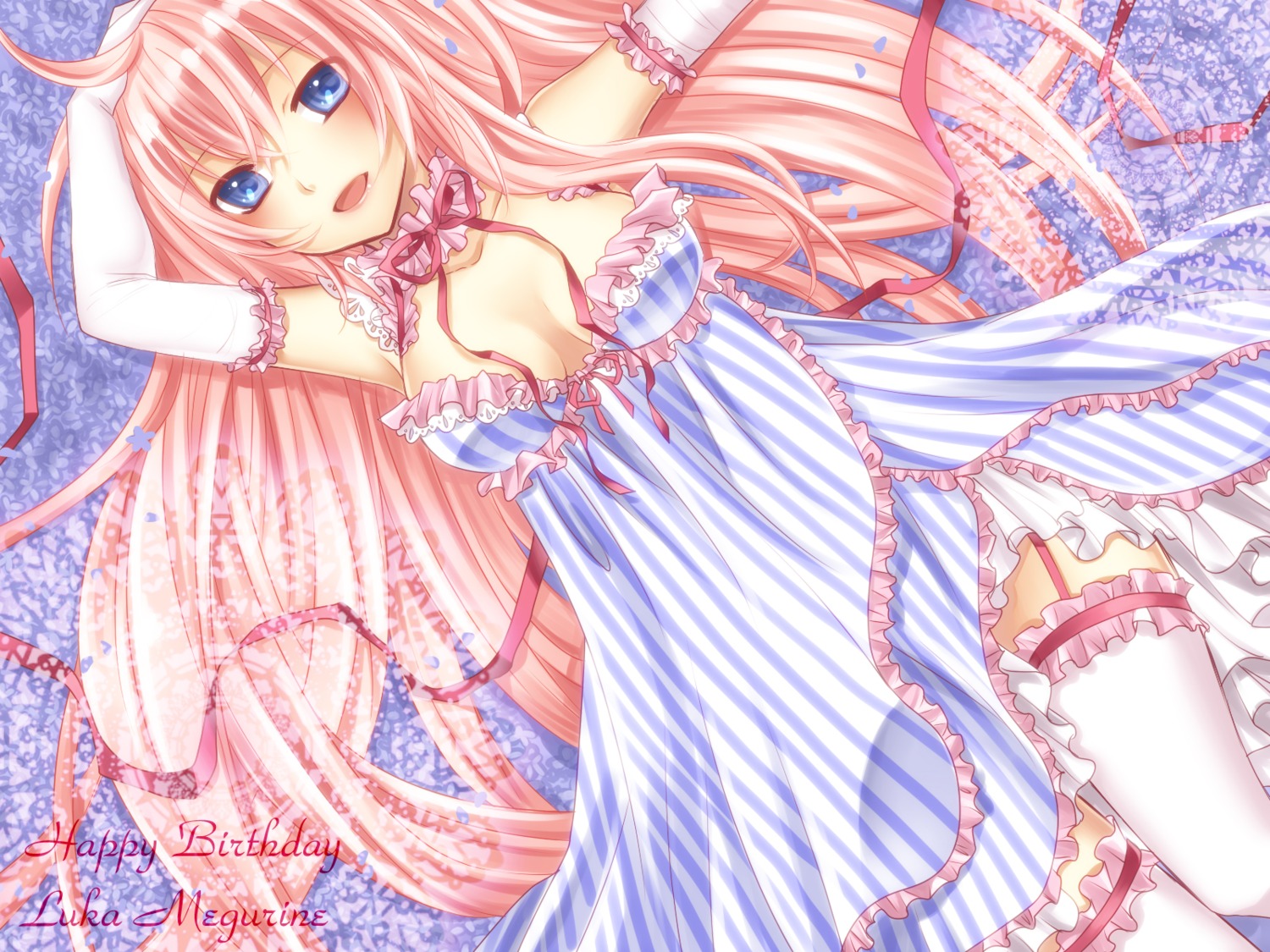 cleavage, dress, megurine_luka, stockings, thighhighs, vocaloid, wallpaper, yayoi