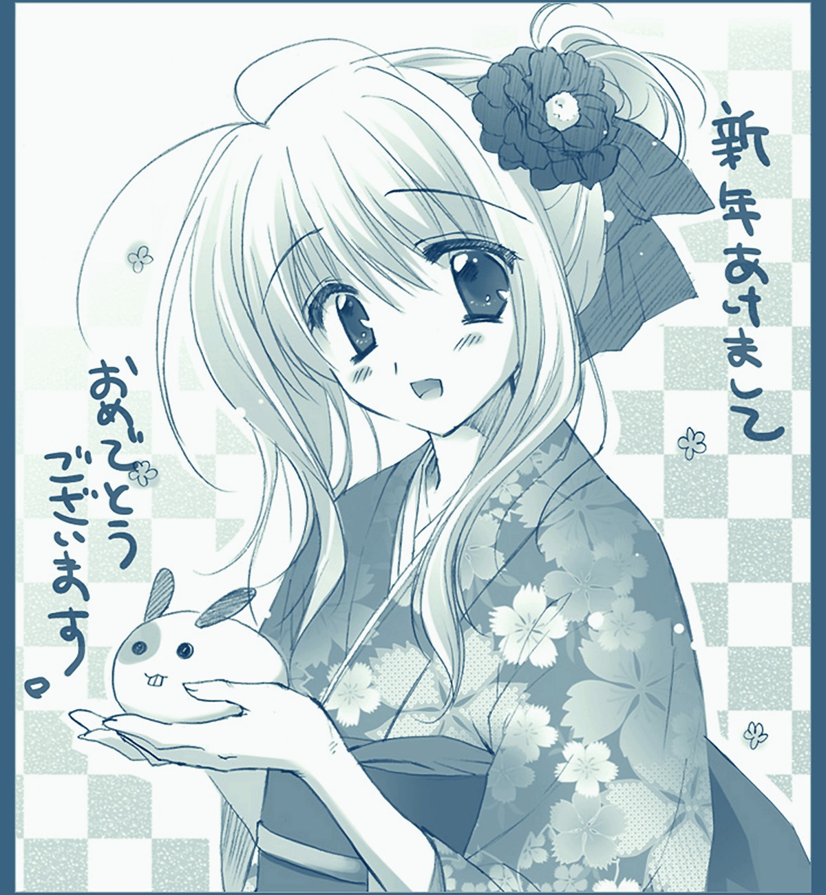 hook, kimono, matsushita_makako, mizuhara_koharu, monochrome, sakura_bitmap