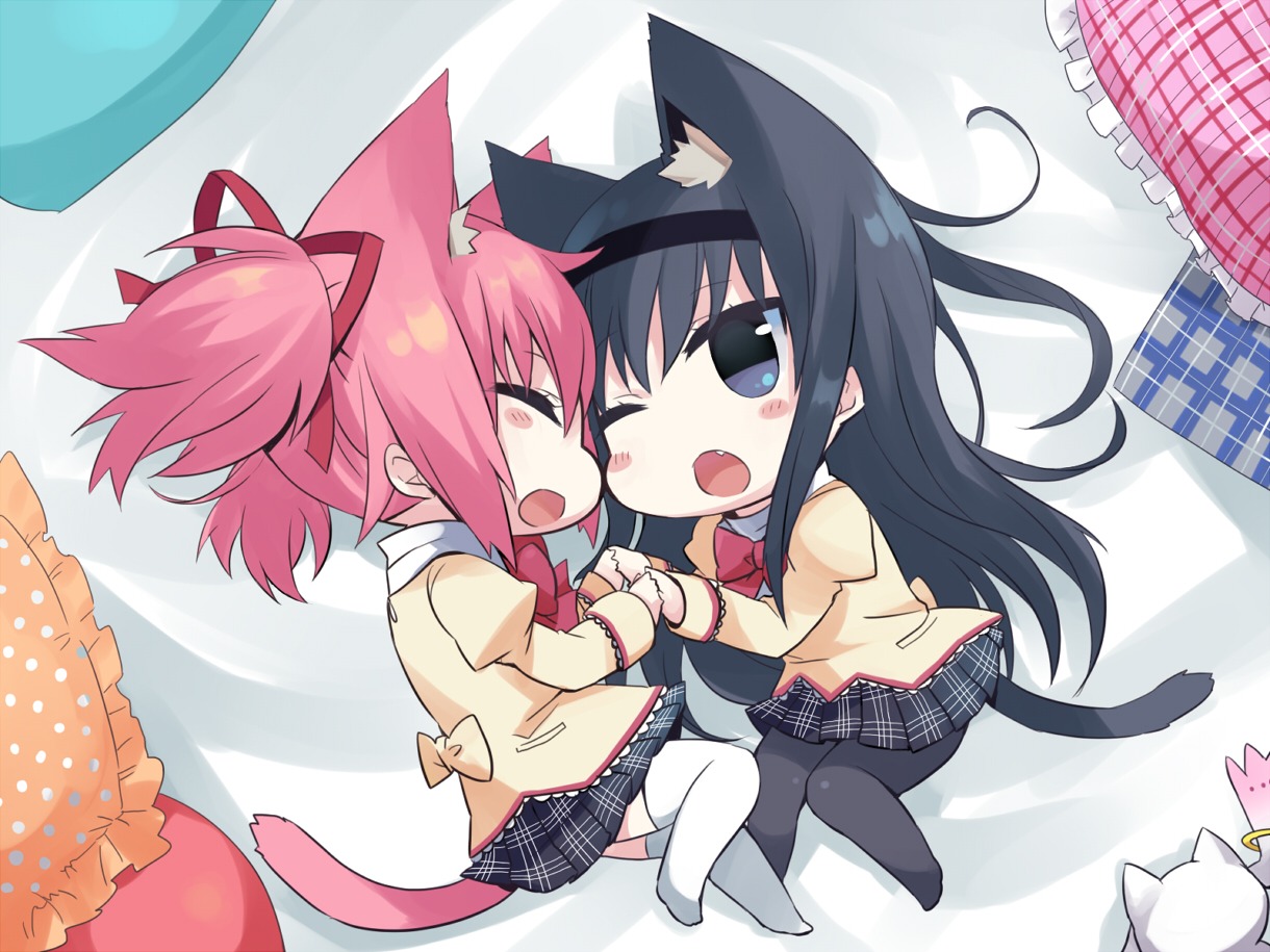 akemi_homura, animal_ears, chibi, kaname_madoka, kyubey, mahou_shoujo_madoka_magica, mizuki_(koko_lost), nekomimi