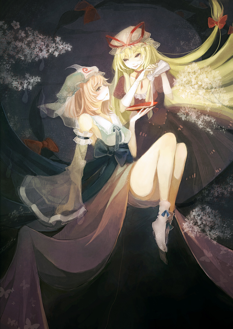 reika_(clovia_studio), saigyouji_yuyuko, sake, touhou, yakumo_yukari