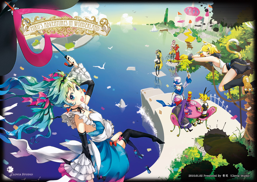 akita_neru, alice_in_wonderland, animal_ears, cosplay, hatsune_miku, kagamine_len, kagamine_rin, kaito