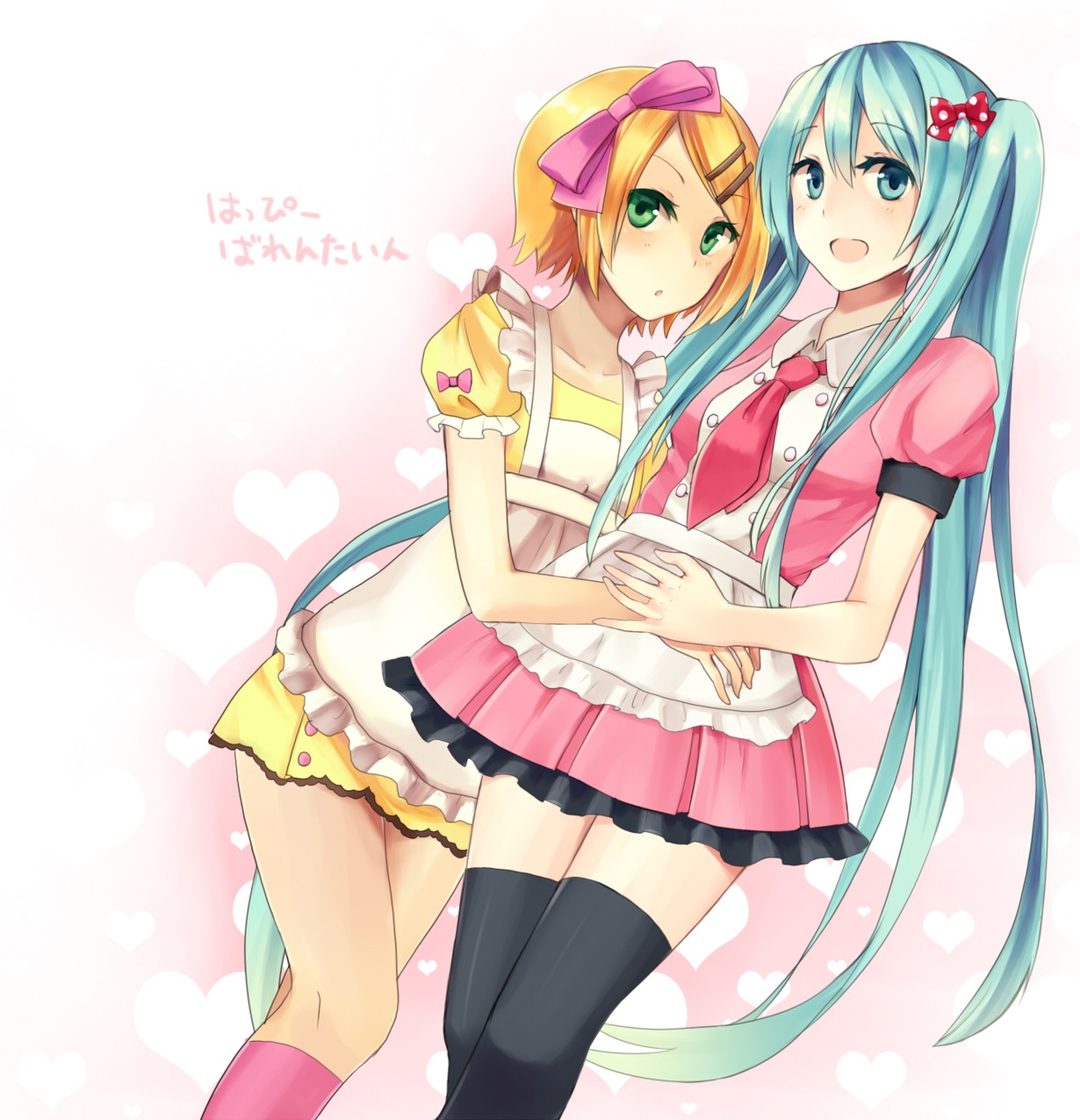 hatsune_miku, kagamine_rin, thighhighs, vocaloid, wadaka, waitress