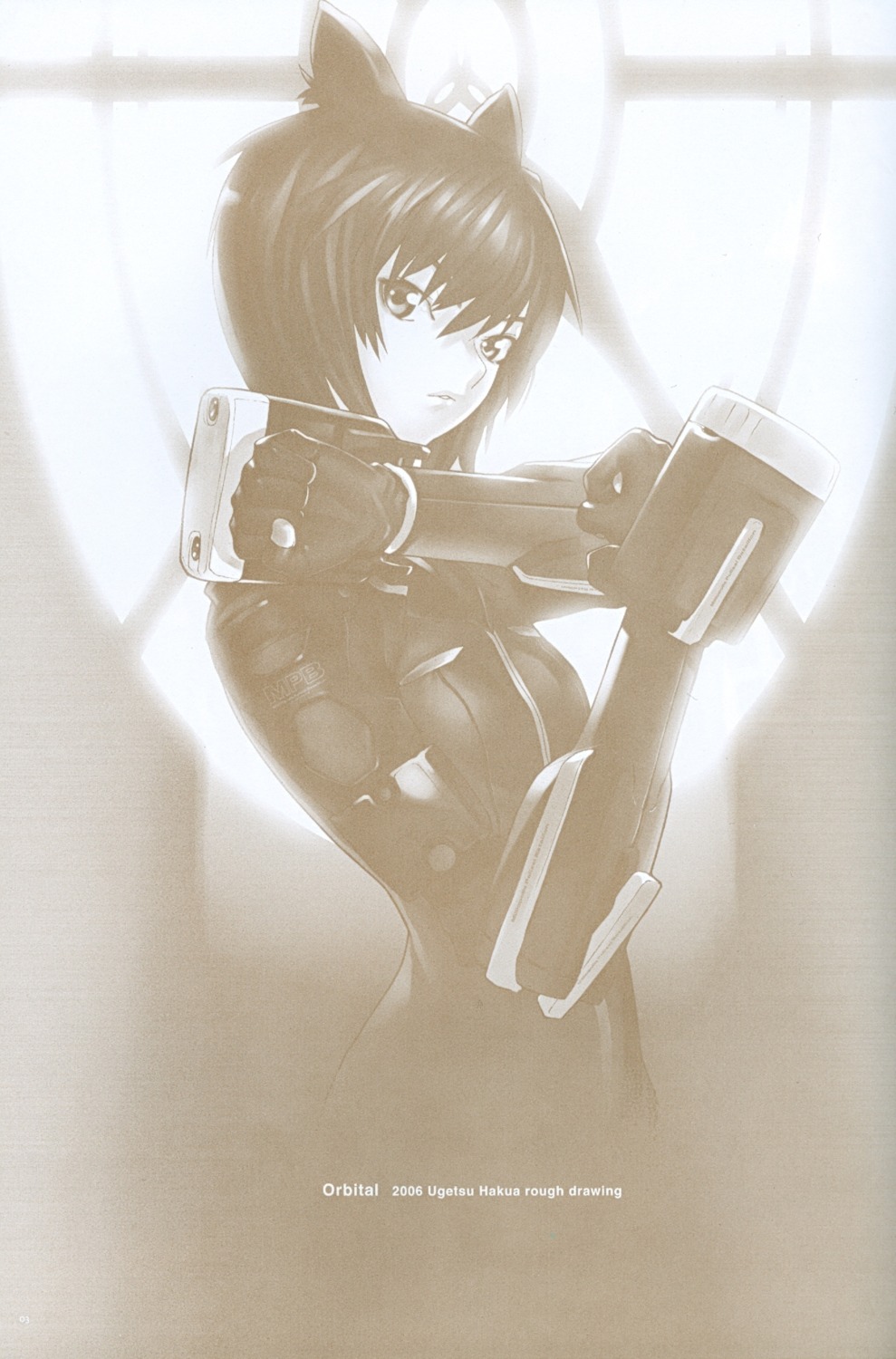 animal_ears, bodysuit, eulen_spiegel, gun, hakua_ugetsu, monochrome, suzutsuki_dietrich_schulz