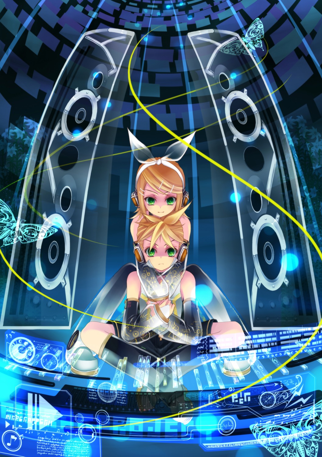 headphones, kagamine_len, kagamine_rin, len_append, rin_append, skoubou, vocaloid, vocaloid_append