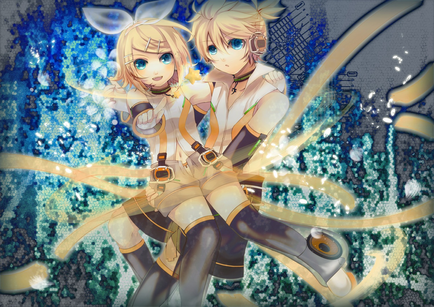 headphones, kagamine_len, kagamine_rin, len_append, rin_append, soriku, thighhighs, vocaloid