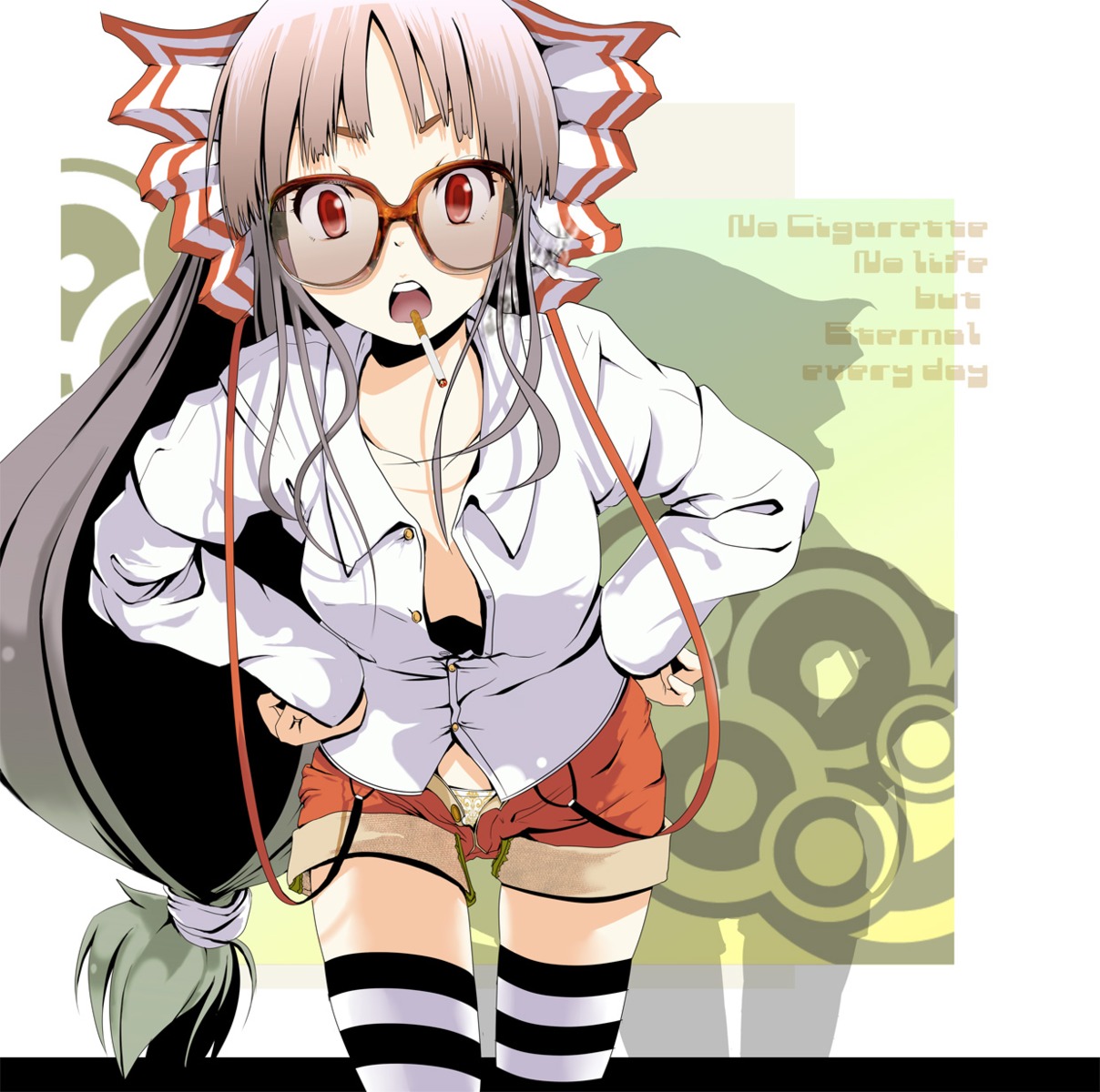 fujiwara_no_mokou, megane, smoking, thighhighs, touhou, yae_(mono)