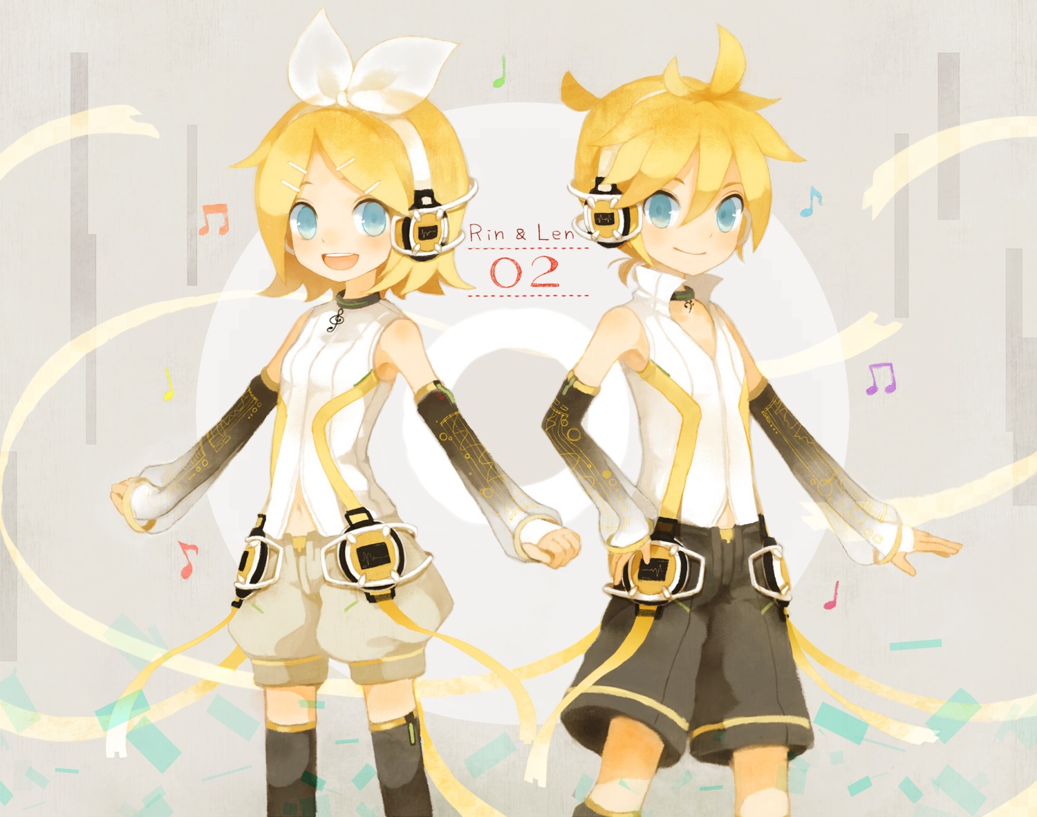 headphones, kagamine_len, kagamine_rin, len_append, mikanniro, rin_append, thighhighs, vocaloid