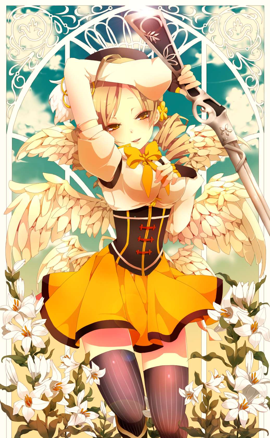 gun, mahou_shoujo_madoka_magica, thighhighs, tomoe_mami, utaoka_(23com), wings