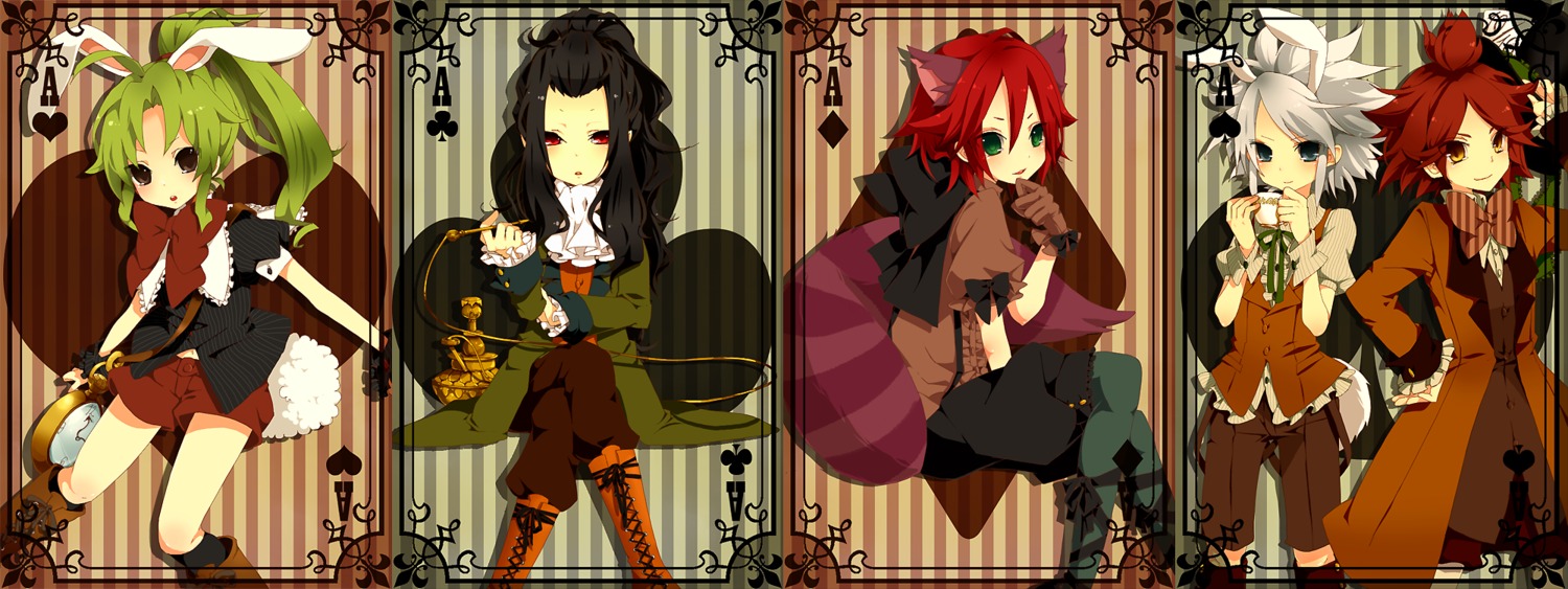 alice_in_wonderland, animal_ears, bunny_ears, cheshire_cat, crossover, inazuma_eleven, kazemaru_ichirouta, mad_hatter