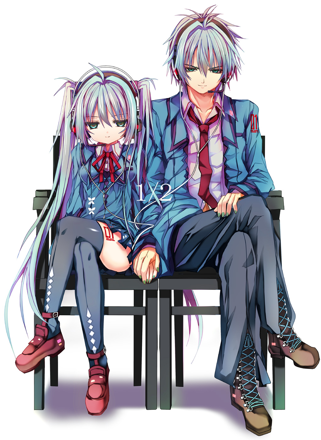 hatsune_miku, hatsune_mikuo, headphones, seifuku, shino_(eefy), thighhighs, vocaloid